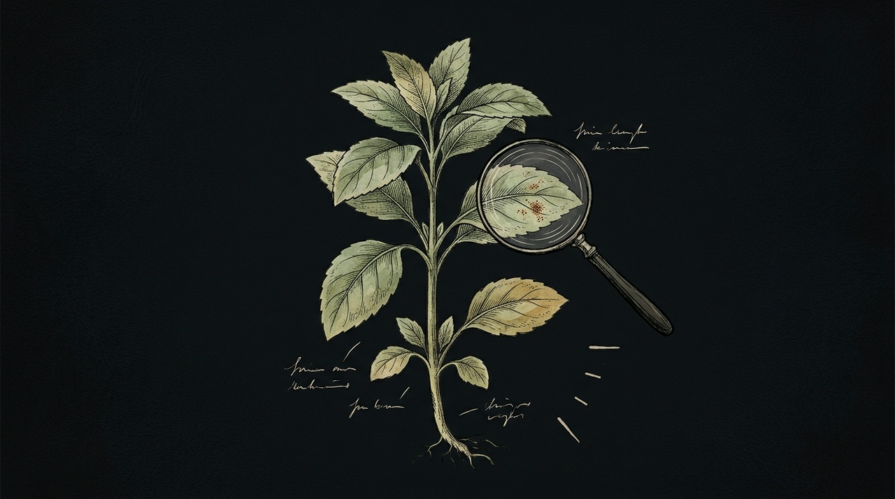 Botanical illustration of a plant beside a magnifying glass