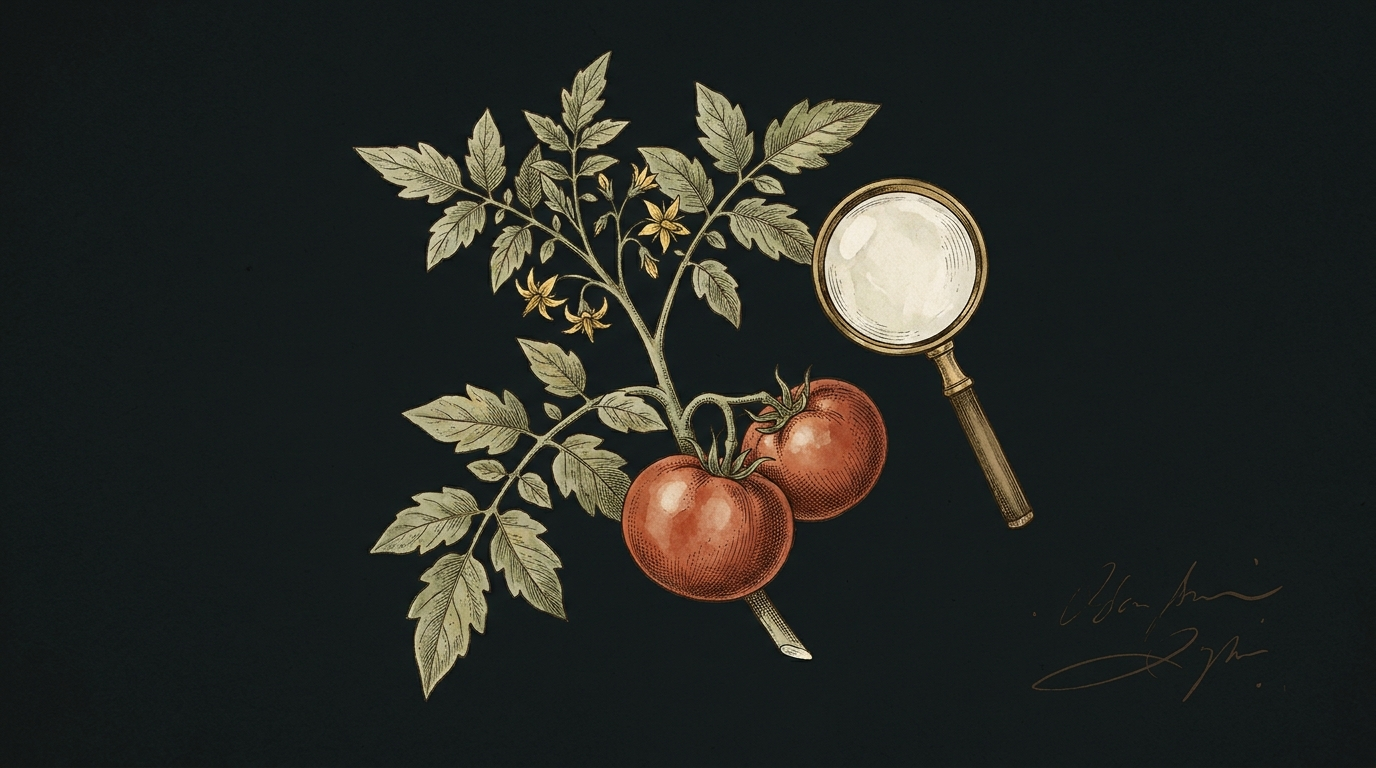 Botanical illustration of a tomato branch and a magnifying glass