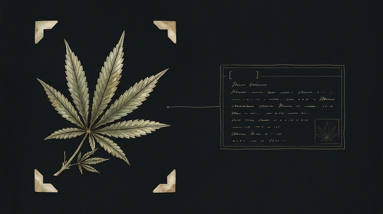 A herbarium specimen sheet in antique botanical style - a pressed cannabis leaf drawn in fine engraved ink on the left, joined by a single ruled line to a naturalist&rsquo;s record card of neat abstract pen strokes on the right