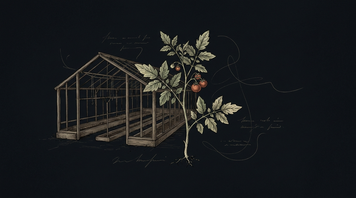 Illustration of empty greenhouse growing rows beside a tomato sprig
