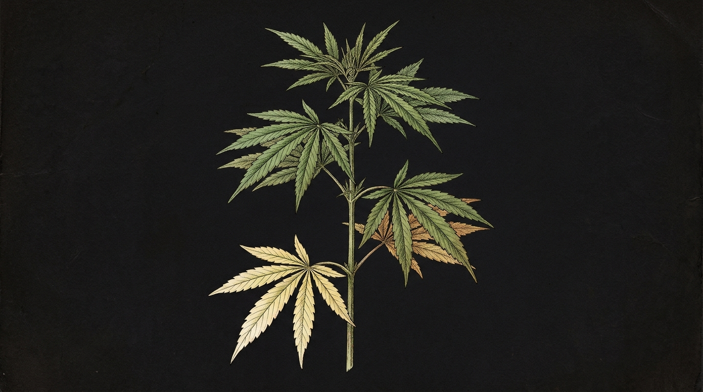Botanical illustration of a cannabis plant with yellow lower fan leaves and healthy green leaves higher up the stem