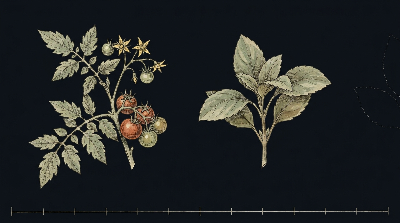 Botanical plate with a tomato sprig and a leafy plant side by side, a faint dotted outline of a third specimen, and a ruled line of twelve tick marks below