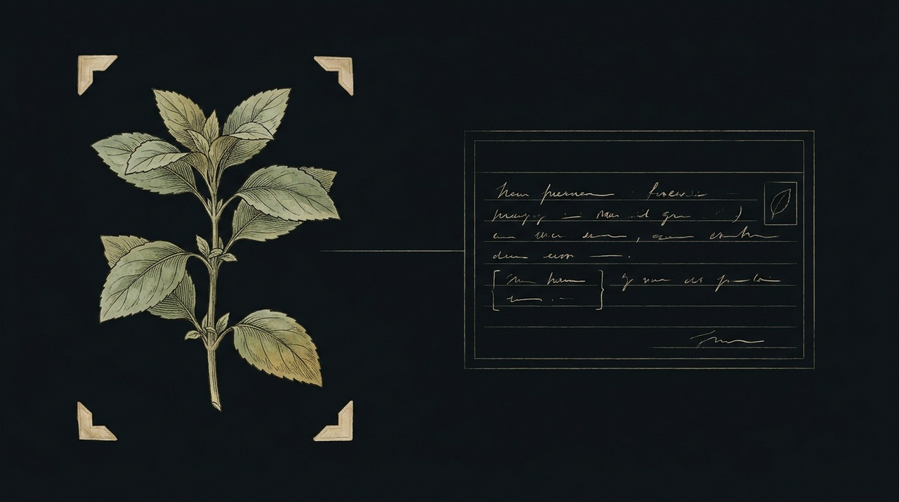 Botanical illustration of a plant beside a structured record