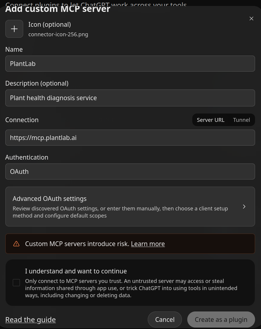 The Add custom MCP server form in ChatGPT, filled in with the name PlantLab, the server URL https://mcp.plantlab.ai, and OAuth authentication