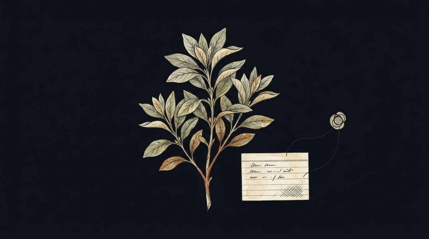 A botanical-plate illustration on a near-black ground: a plant specimen beside a ruled record card, joined by a thin line to a small node, one plant sending one record to an assistant