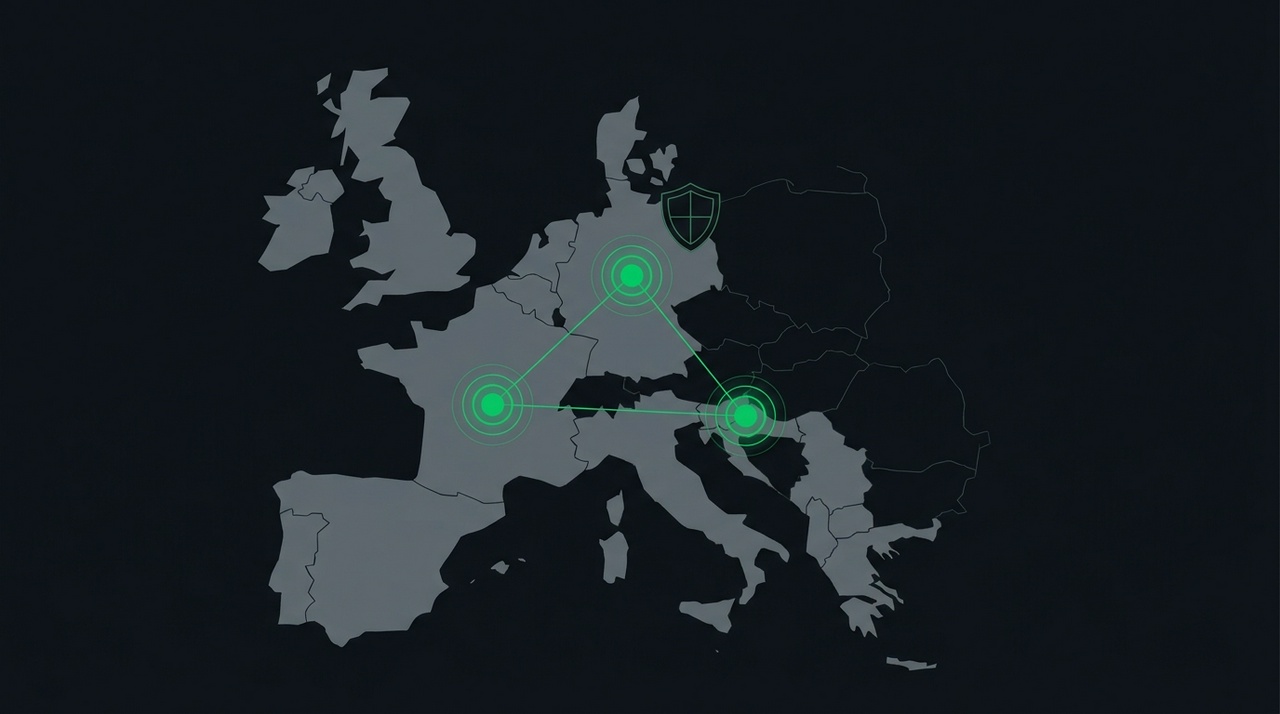 Map of Europe rendered in PlantLab&rsquo;s dark interface palette with bright markers over Germany, Slovenia, and France, representing distributed EU plant diagnosis infrastructure
