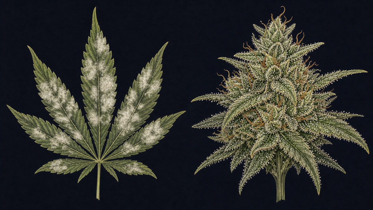 Side by side botanical illustration: powdery mildew vs. trichomes on cannabis