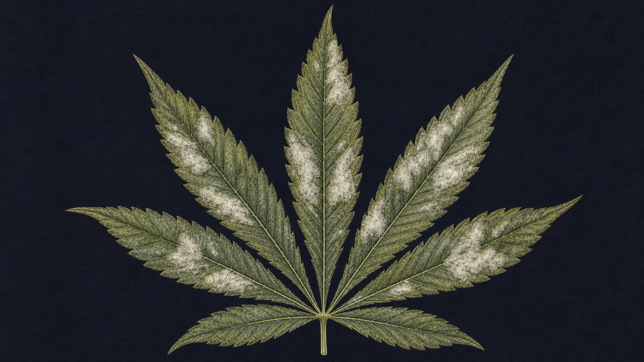 Powdery mildew on cannabis leaf - white powdery patches spreading across upper leaf surface, botanical illustration