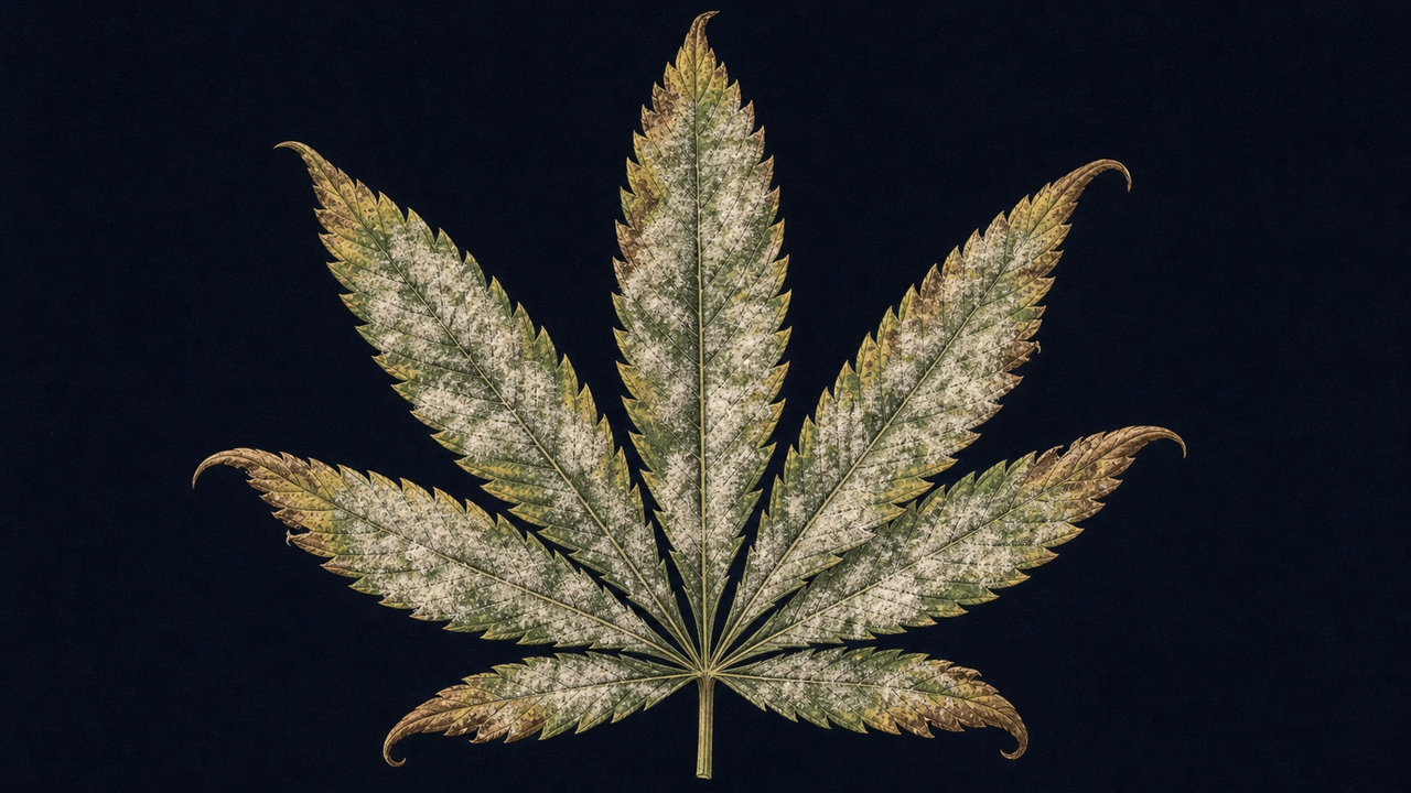 Advanced powdery mildew - merged colonies covering cannabis leaf with yellowing, botanical illustration