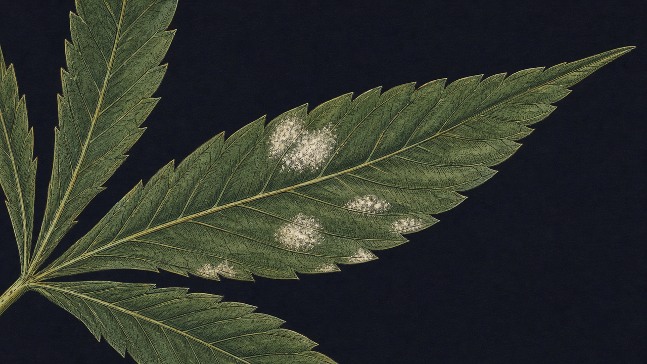 Early powdery mildew on cannabis - small white chalk-dust spots on older leaf, botanical illustration