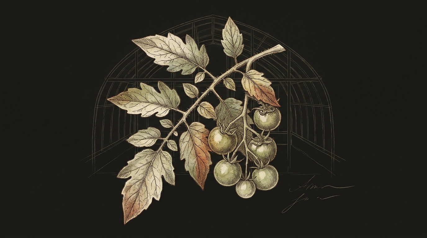 Botanical illustration of a tomato sprig in front of greenhouse arches