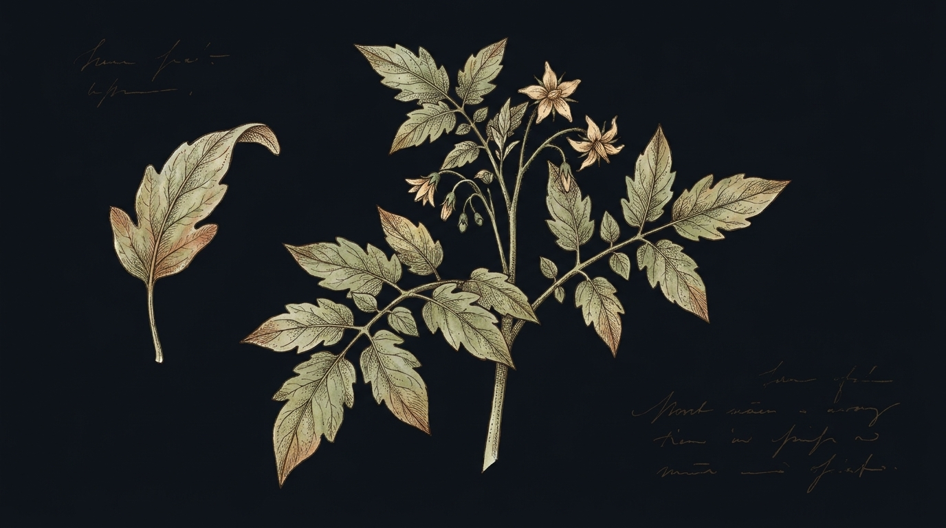 Botanical illustration of a tomato plant beside a curved leaflet