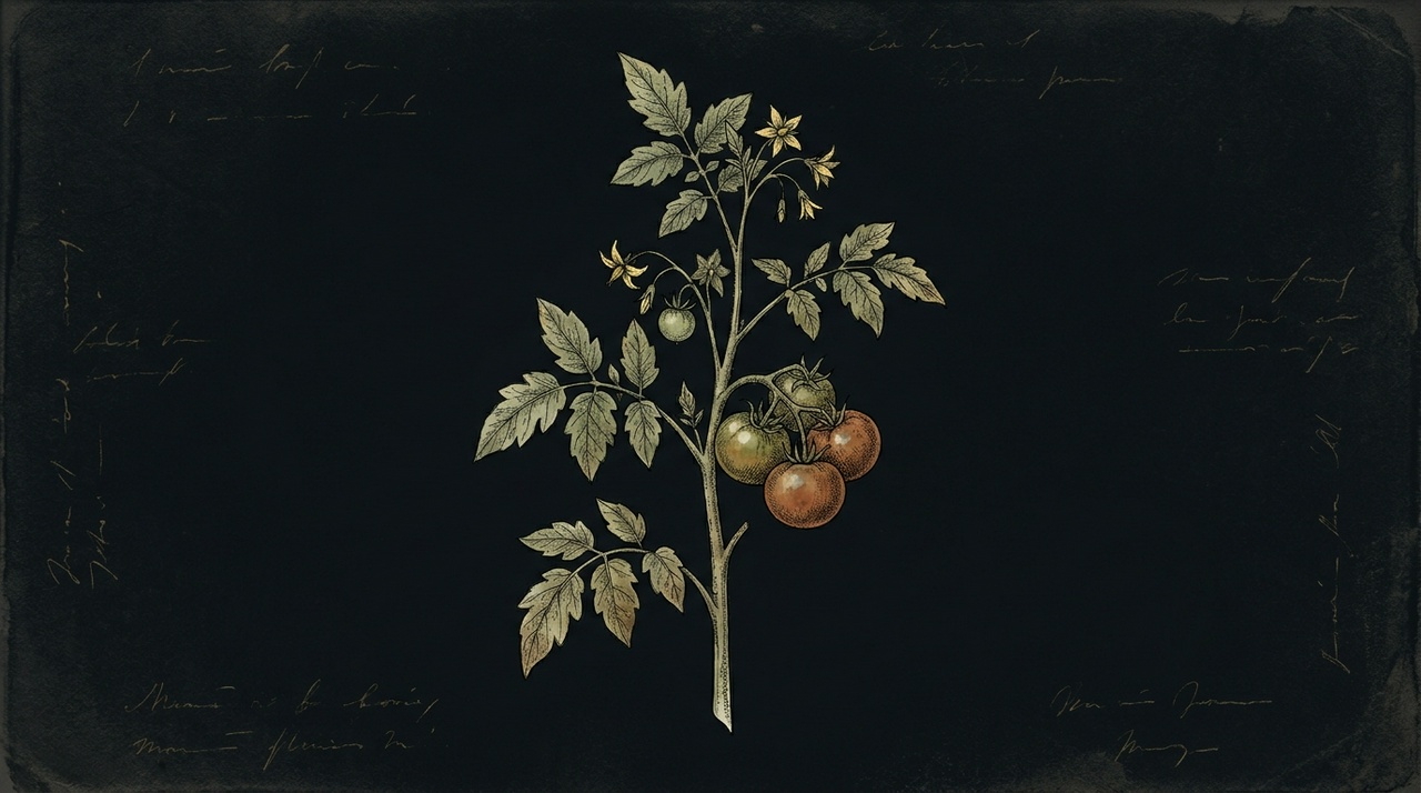 Botanical illustration of a tomato plant with ripening fruit