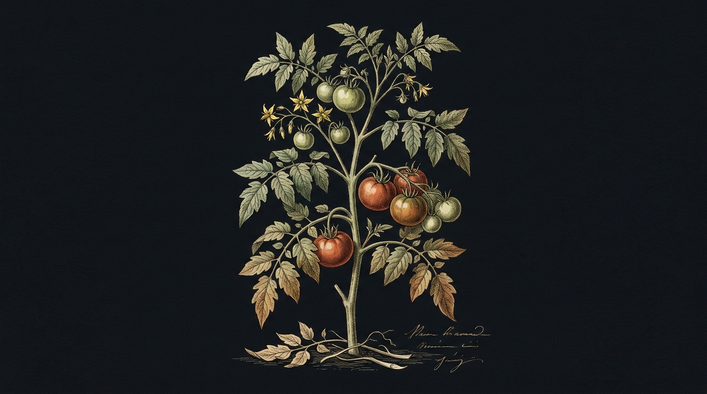 Botanical illustration of a tomato plant with flowers and fruit